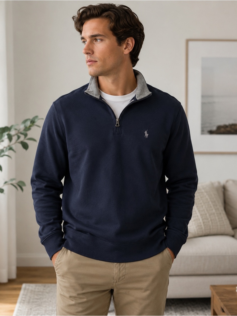 Polo Ralph Lauren Mens Small Quarter Zip Pullover Dark Navy Gray Pony Cotton